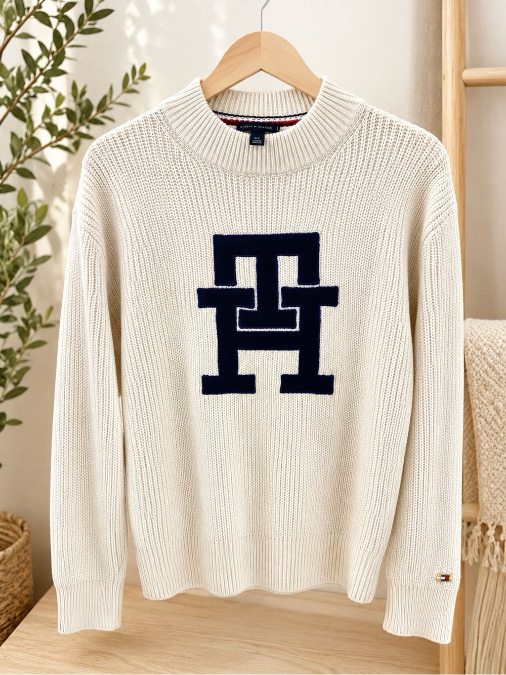 Tommy Hilfiger women’s  Cream Crewneck Sweater with Navy Logo